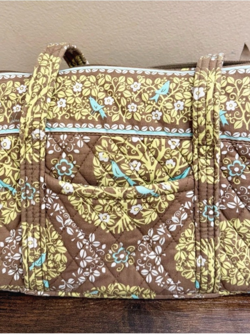 Vera Bradley “Sitting in a Tree” Brown Yellow and Light Blue Bird Quilted Tote
